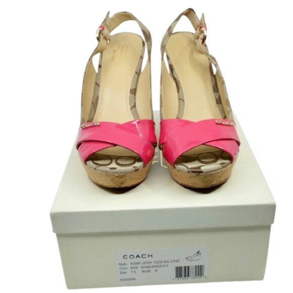 COACH~Jessy Wedge~PINK PATENT LEATHER C SIGNATURE SANDAL HEEL SHOES SZ 7.5 IOB - Picture 4 of 7